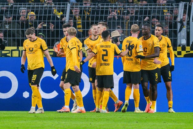 25 11 2025, Borussia Dortmund vs Villareal, UEFA Champions League, Matchday 5 Goal for 1 0 by Serhou Guirassy Borussia Dortmund, 9 Marcel Sabitzer Borussia Dortmund, 20 Aaron Anselmino Borussia Dortmund 28 Daniel Svensson Borussia Dortmund, 24 Yan Couto Borussia Dortmund, 2 Waldemar Anton Borussia Dortmund, 3 Nico Schlotterbeck Borussia Dortmund, 4 Julian Brandt Borussia Dortmund, 10 Felix Nmecha Borussia Dortmund, 8 Regulations prohibit any use of photographs as image sequences and or quasi video Copyright: xBahhoxKarax