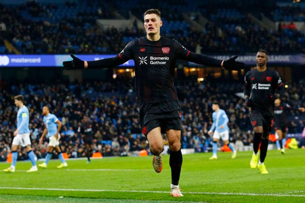 Manchester City v Bayer Leverkusen, Manchester, UK - 25 November 2025 Goal celebrations for Patrik Schick of Bayer Leverkusen during the UEFA Champions League match between Manchester City and Bayer Leverkusen at The Etihad Stadium on 25 November 2025 in Manchester, England (Photo by Steve Taylor PPAUK) Manchester The Etihad Stadium Greater Manchester England Copyright: xStevexTaylor PPAUKx PPA-231770
