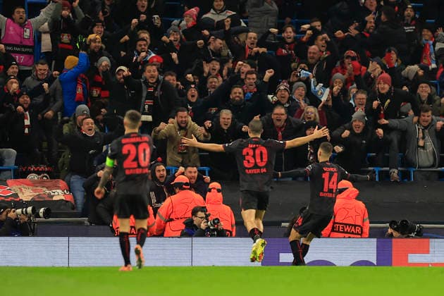 Manchester City v Bayer Leverkusen Champions League 25 11 2025. Patrick Schick (14) of Bayer Leverkusen celebrates scoring to make it 0-2 during the Champions League match between Manchester City and Bayer Leverkusen at the Etihad Stadium, Manchester, England on 25 November 2025. Manchester Etihad Stadium Manchester England Editorial use only , Copyright: xConorxMolloyx PSI-23265-0050