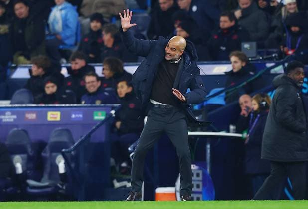 Manchester City manager Pep Guardiola reacts in anger Manchester City v Bayer 04 Leverkusen, UEFA Champions League, Group Stage, Football, Etihad Stadium, Manchester, UK- 25 Nov 2025Manchester Etihad Stadium United Kingdom EDITORIAL USE ONLY No use with unauthorised audio, video, data, fixture lists, club league logos or live services. Online in-match use limited to 120 images, no video emulation. No use in betting, games or single club league player publications. Copyright: xMattxWest Shutterstockx 15927904ac