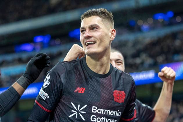 25th November 2025; Etihad Stadium, Manchester, England; UEFA Champions League Football, Manchester City versus Bayer Leverkusen; Patrik Schick of Bayer Leverkusen celebrates scoring a 54th minute goal to make the score 2-0  TimxWilliams