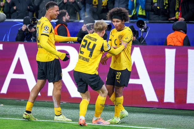 25 11 2025, Football, UEFA Champions League, Borussia Dortmund FC Villarreal, BVB Stadion, Matchday 5, Season 2025 2026 Goal celebration after the 3-0 goal by scorer Karim Adeyemi BVB 27 Regulations prohibit any use of photographs as image sequences and or quasi video North Rhine-Westphalia Germany