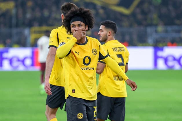 25 11 2025, Football, UEFA Champions League, Borussia Dortmund FC Villarreal, BVB Stadion, Matchday 5, Season 2025 2026 Goal celebration after the 3-0 goal by scorer Karim Adeyemi BVB 27 Regulations prohibit any use of photographs as image sequences and or quasi video North Rhine-Westphalia Germany