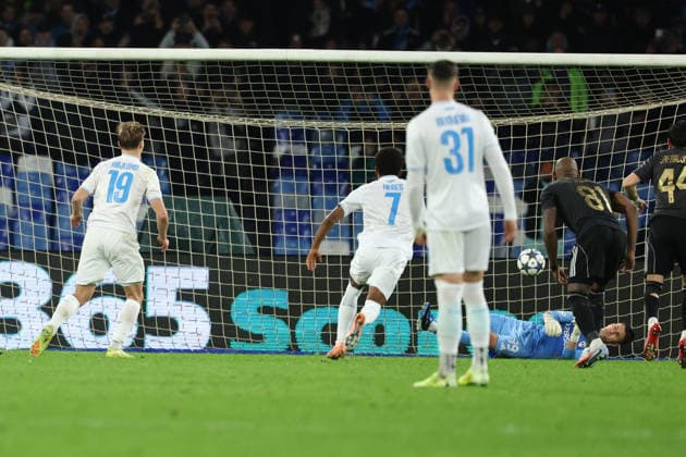 Rasmus Hojlund of SSC Napoli shoots and does not score his penalty kick during the UEFA Champions League 2025 2026 football match between SSC Napoli and Qarabag FK at Diego Armando Maradona stadium in Naples (Italy), November 25th, 2025. cesarexpurini