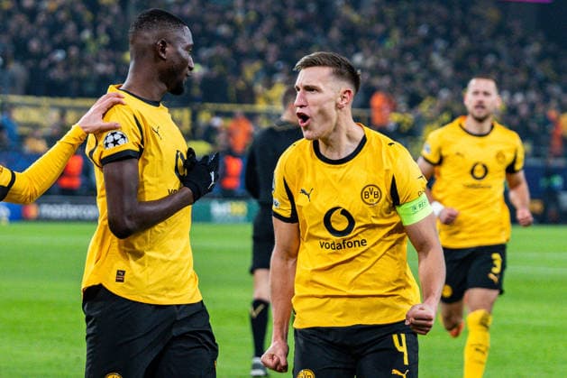 25 11 2025, Borussia Dortmund vs Villareal, UEFA Champions League, Matchday 5 Goal for 2 0 by Serhou Guirassy Borussia Dortmund, 9 Daniel Svensson Borussia Dortmund, 24 Nico Schlotterbeck Borussia Dortmund, 4 Regulations prohibit any use of photographs as image sequences and or quasi video Copyright: xBahhoxKarax