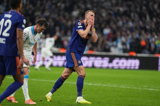 Dan Burn of Newcastle reacts after his shot is saved Marseille v Newcastle United, UEFA Champions League, Group Stage, Football, Orange Velodrome, Marseille, France- 25 Nov 2025Marseille Orange Vélodrome France EDITORIAL USE ONLY No use with unauthorised audio, video, data, fixture lists, club league logos or live services. Online in-match use limited to 120 images, no video emulation. No use in betting, games or single club league player publications.  Copyright: xDavexWinter Shutterstockx 15918266cv
