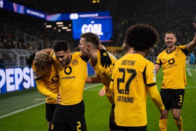 GER, UEFA Champions League, Matchday 5 Borussia Dortmund vs FC Villarreal 25 11 2025, Signal Iduna Park, Dortmund, GER, UEFA Champions League, Matchday 5 Borussia Dortmund vs FC Villarreal in picture Goal celebration for 3 0 by Karim Adeyemi Borussia Dortmund, 27 , Goal celebration, cheer, cheer Felix Nmecha Borussia Dortmund, 8 Daniel Svensson Borussia Dortmund, 24 Nico Schlotterbeck Borussia Dortmund, 4 Yan Couto Borussia Dortmund, 2 nordphotoxGmbHxx xChristianxSchulze nph000300