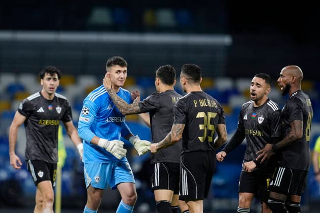 Mateusz Kochalski (Qarabag FK) celebrates, UEFA Champions League 2025 26 League Phase MD5, SSC Napoli v Qarabag FK, Diego Armando Maradona Stadium, November 25, 2025, Naples, Italy.