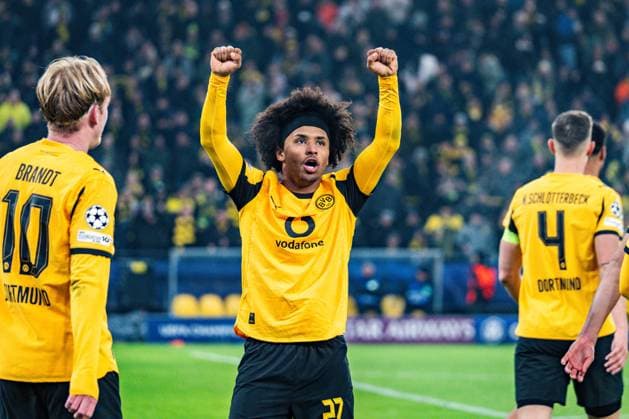 25 11 2025, Borussia Dortmund vs Villareal, UEFA Champions League, Matchday 5 Goal for 3 0 by Karim Adeyemi Borussia Dortmund, 27 Julian Brandt Borussia Dortmund, 10 Nico Schlotterbeck Borussia Dortmund, 4 Regulations prohibit any use of photographs as image sequences and or quasi video Copyright: xBahhoxKarax