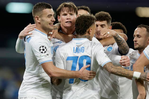 UCL MD5 SSC Napoli vs Qarabag Napoli s Scottish midfielder Scott McTominay celebrates after scoring a goal during match UEFA Champions League 2025 26 League Phase MD5 SSC Napoli vs Qarabag Futbol Klubuat Stadio Maradona on November 25, 2025 in Naples. _BPH0372 Copyright: xAntonioxBalascox
