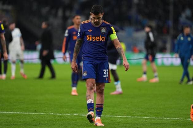 Dejection for Bruno Guimaraes of Newcastle after his team loses 2-1 Marseille v Newcastle United, UEFA Champions League, Group Stage, Football, Orange Velodrome, Marseille, France- 25 Nov 2025Marseille Orange Vélodrome France EDITORIAL USE ONLY No use with unauthorised audio, video, data, fixture lists, club league logos or live services. Online in-match use limited to 120 images, no video emulation. No use in betting, games or single club league player publications.  Copyright: xDavexWinter Shutterstockx 15918266dw