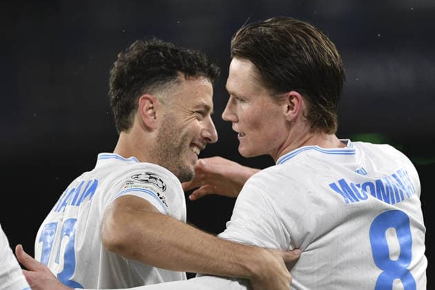 Napoli v Qarabag - UEFA Champions League NAPOLI, ITALY, NOVEMBER 25: Scott McTominay (R), of Napoli, celebrates with his teammate Amir Rrahmani (L) after scoring during the League phase UEFA Champions League football match between Napoli and Qarabag at the Diego Armando Maradona stadium in Naples, Italy, on November 25, 2025. Isabella Bonotto Anadolu Napoli Italy. Editorial use only. Please get in touch for any other usage.  Copyright: x2025xAnadoluxIsabellaxBonottox