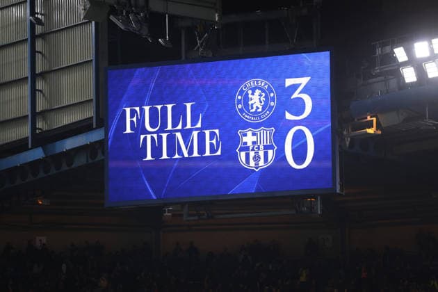 The scoreboard display the final score at full time during the UEFA Champions League match between Chelsea and FC Barcelona, Barca at Stamford Bridge in London, England Copyright: xAlexanderxCanillas SPPx Sportspressphoto_SPR65915