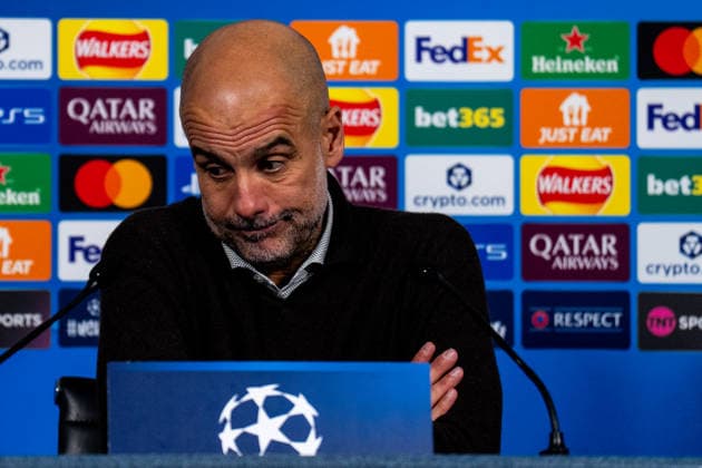 MANCHESTER, ENGLAND - NOVEMBER 25: Manchester City head coach Pep Guardiola attends a press conference, PK, Pressekonferenz after the UEFA Champions League 2025 26 League Phase MD5 match between Manchester City and Bayer 04 Leverkusen at City of Manchester Stadium on November 25, 2025 in Manchester, England. (Photo by Rene Nijhuis) SPO  Copyright: xRenexNijhuis