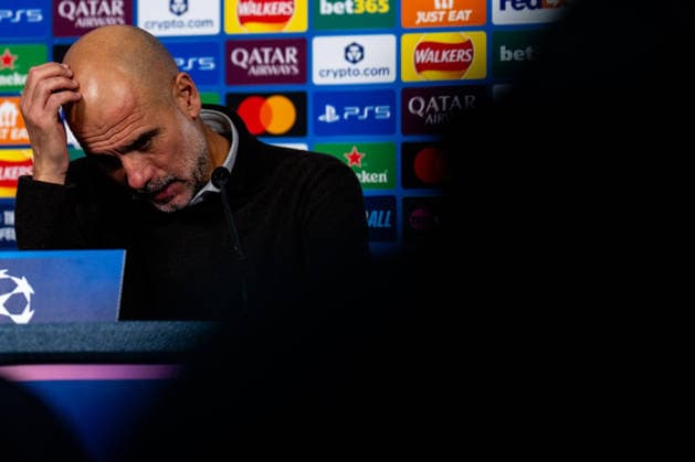 MANCHESTER, ENGLAND - NOVEMBER 25: Manchester City head coach Pep Guardiola attends a press conference, PK, Pressekonferenz after the UEFA Champions League 2025 26 League Phase MD5 match between Manchester City and Bayer 04 Leverkusen at City of Manchester Stadium on November 25, 2025 in Manchester, England. (Photo by Rene Nijhuis) SPO  Copyright: xRenexNijhuis
