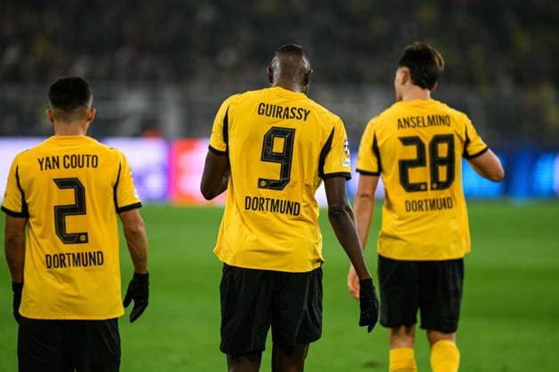 DORTMUND, GERMANY - 25 NOVEMBER, 2025: Yan Couto, Serhou Guirassy, Aaron Anselmino - UEFA Champions League match Borussia Dortmund vs Villarreal CF at Signal Iduna Park.  Copyright: xVITALIIxKLIUIEVx