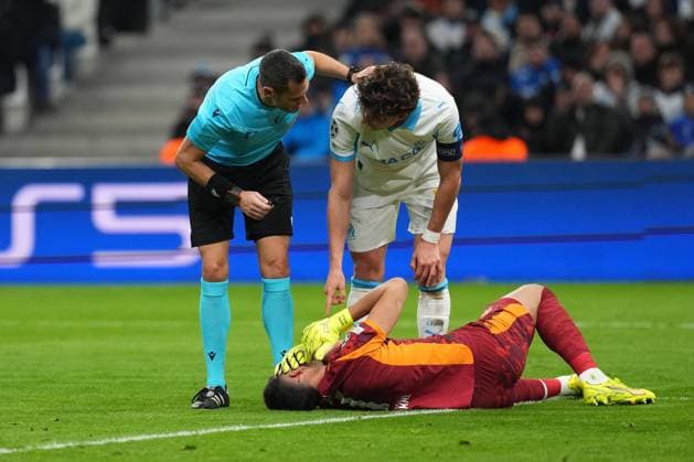Goalkeeper Geronimo Rulli of Marseille goes down injured Marseille v Newcastle United, UEFA Champions League, Group Stage, Football, Orange Velodrome, Marseille, France- 25 Nov 2025Marseille Orange Vélodrome France EDITORIAL USE ONLY No use with unauthorised audio, video, data, fixture lists, club league logos or live services. Online in-match use limited to 120 images, no video emulation. No use in betting, games or single club league player publications.  Copyright: xDavexWinter Shutterstockx 15918266jh