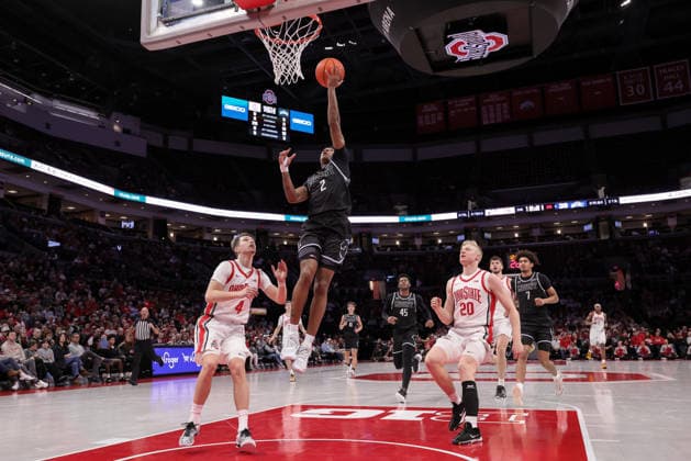 November 25, 2025, Columbus, Ohio, U.S: Mount St. Mary s Mountaineers guard Arlandus Keyes (2) lays up an uncontested shot during the game between the Mount Saint MaryÃ¢â‚¬â ¢s Mountaineers and the Ohio State Buckeyes at Value City Arena, Columbus, Ohio. Columbus U.S - ZUMAs304 20251125_zaf_s304_005 Copyright: xScottxStuartx