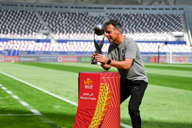 Football, U17 World Cup, Austrias national coach Stadler with trophy