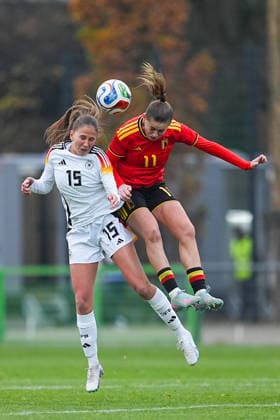 26 11 2025, xydrx, Football, International match, European Championship Qualification U19 Women, Belgium Germany, Sportschule Wedau Maj Schneider GER 15 in duel against Clementine Reynebeau BEL 11 North Rhine-Westphalia Germany