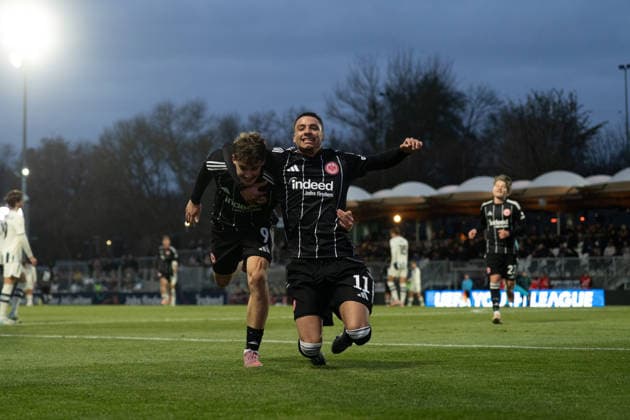 26 11 2025, xhfmx, Football UEFA Youth League, Eintracht Frankfurt Aatalanta Bergamo v l Alexander Staff Eintracht Frankfurt and Alessandro Gaul Souza Eintracht Frankfurt celebrate the 1 0 against Bergamo Tor, Goal, Jubel, Celebration DFL DFB REGULATIONS PROHIBIT ANY USE OF PHOTOGRAPHS as IMAGE SEQUENCES and or QUASI VIDEO Dreieich
