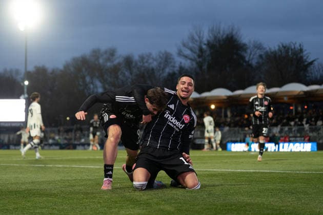 26 11 2025, xhfmx, Football UEFA Youth League, Eintracht Frankfurt Aatalanta Bergamo v l Alexander Staff Eintracht Frankfurt and Alessandro Gaul Souza Eintracht Frankfurt celebrate the 1 0 against Bergamo Tor, Goal, Jubel, Celebration DFL DFB REGULATIONS PROHIBIT ANY USE OF PHOTOGRAPHS as IMAGE SEQUENCES and or QUASI VIDEO Dreieich