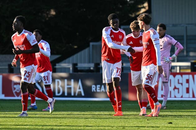 Uefa Youth League Arsenal London FC Bayern Munich 26 11 2025 BOREHAMWOOD, ENGLAND 26 NOVEMBER England cheer after Ceadach O Neill scores to make it 3 1 Arsenal FC U19 76 Goal Goalscorer Joy Happy during the league match between Arsenal London U19 and FC Bayern Munich U19 on UEFA Youth League matchday 5 at Meadow Park on 26 11 2025 Copyright: xBEAUTIFULxSPORTS Goldbergx