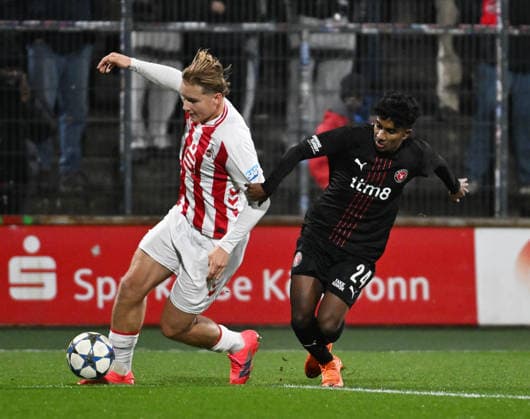 26 11 2025, xophax, Soccer , UEFA Youth League 1 FC Köln U19 vs FC Midtjylland Fynn Schenten , left 1 FC Köln and James Alphinas , right Midtjylland Koeln