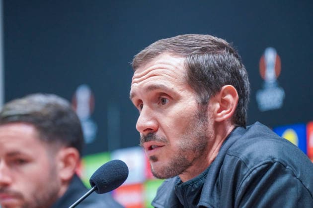 Czech Republic Press conference before the football match UEFA Europa League 2025 26, Matchday 5 Viktoria Pilsen vs SC Freiburg Doosan Arena Pilsen Julian Schuster SC Freiburg, Coach Pilsen Plzenský kraj Czech Republic Copyright: xJOERANxSTEINSIEKx