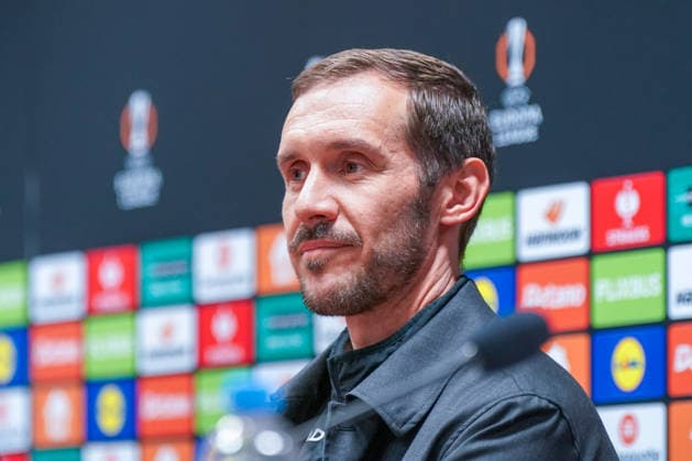Czech Republic Press conference before the football match UEFA Europa League 2025 26, Matchday 5 Viktoria Pilsen vs SC Freiburg Doosan Arena Pilsen Julian Schuster SC Freiburg, Coach Pilsen Plzenský kraj Czech Republic Copyright: xJOERANxSTEINSIEKx