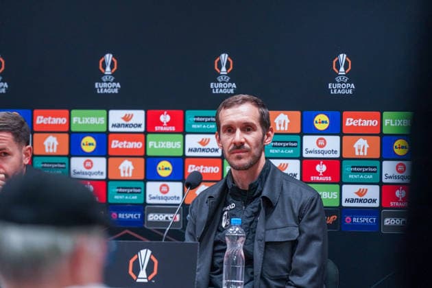 Czech Republic Press conference before the football match UEFA Europa League 2025 26, Matchday 5 Viktoria Pilsen vs SC Freiburg Doosan Arena Pilsen Julian Schuster SC Freiburg, Coach Pilsen Plzenský kraj Czech Republic Copyright: xJOERANxSTEINSIEKx