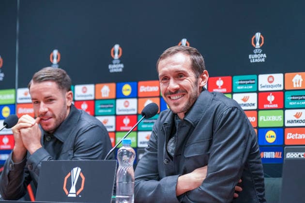 Czech Republic Press conference before the football match UEFA Europa League 2025 26, Matchday 5 Viktoria Pilsen vs SC Freiburg Doosan Arena Pilsen Julian Schuster SC Freiburg, Coach Pilsen Plzenský kraj Czech Republic Copyright: xJOERANxSTEINSIEKx