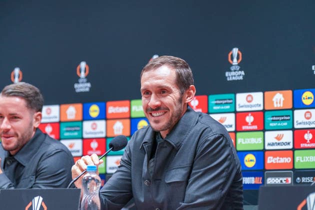 Czech Republic Press conference before the football match UEFA Europa League 2025 26, Matchday 5 Viktoria Pilsen vs SC Freiburg Doosan Arena Pilsen Julian Schuster SC Freiburg, Coach Pilsen Plzenský kraj Czech Republic Copyright: xJOERANxSTEINSIEKx