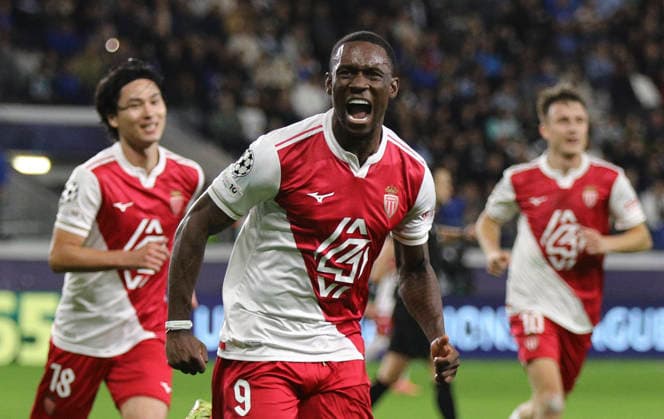 Cyprus Champions League Soccer Monaco s Folarin Balogan celebrates after scoring his side s opening goal during the Champions League opening phase soccer match between Pafos FC and AS Monaco in Limassol, Cyprus, Wednesday, Nov. 26, 2025. Limassol Cyprus  Copyright: xDanilxShamkinx originalFilename:shamkin-notitle251126_npSyh.jpg