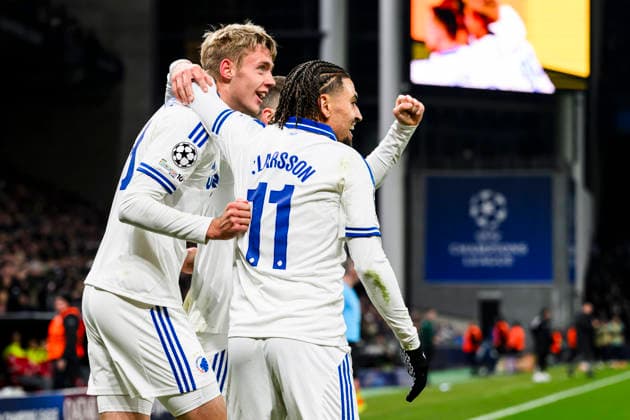 Champions League League Phase FC Kobenhavn vs Kairai Almaty 26 11 2025 39 FCK Viktor DaÃ°ason scores and cheers 11 FCK Jordan Larsson Champions League League League Phase FC Kobenhavn vs Kairai Almaty 26 11 2025 Kobenhavn, Denmark 26 November, 2025 UK Champions League League League Phase FC Copenhagen vs Kairat Almaty, Parken, Copenhagen, Denmark Kobenhavn Parken Denmark Copyright: xMichaelxBarrettxBoesenx