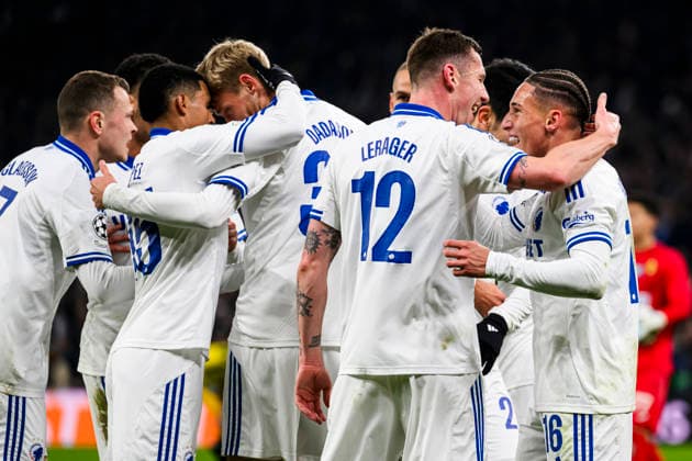 Champions League League Phase FC Kobenhavn vs Kairai Almaty 26 11 2025 39 FCK Viktor DaÃ°ason scores and cheers 11 FCK Jordan Larsson 15 FCK Marcos Lopez, 12 FCK Lukas Lerager, 16 FCK Robert Silva Champions League League League Phase FC Kobenhavn vs Kairai Almaty 26 11 2025 Kobenhavn, Denmark 26 November, 2025 UK Champions League League League Phase FC Copenhagen vs Kairat Almaty, Parken, Copenhagen, Denmark Kobenhavn Parken Denmark Copyright: xMichaelxBarrettxBoesenx