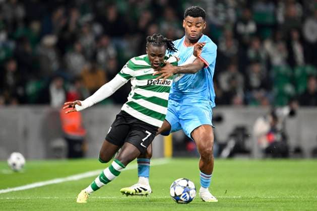 Sporting CP v Club Brugge - UEFA Champions League LISBON, PORTUGAL - NOVEMBER 26 : Quenda Geovany forward of Sporting CP and Ordonez Joel defender of Club Brugge during the UEFA Champions League 2025 26 League Phase MD5 match between Sporting CP and Club Brugge on November 26, 2025 in Lisbon, Portugal, 26 11 2025 Lisbon Portugal  Copyright: xNicoxVereeckenx