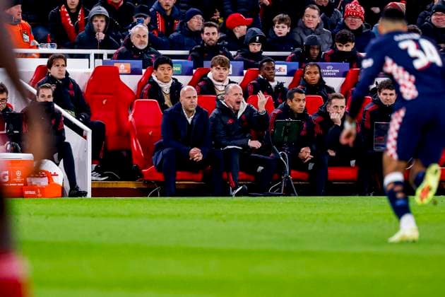 head coach Arne Slot of Liverpool FC and assistant coach Sipke Hulshoff of Liverpool FC and assistant coach Giovanni van Bronckhorst of Liverpool FC looks on Liverpool FC v PSV Eindhoven, UEFA Champions League 2025 26 League Phase MD5, Liverpool FC v PSV Eindhoven, Anfield, November 26, 2025, Liverpool, United Kingdom.