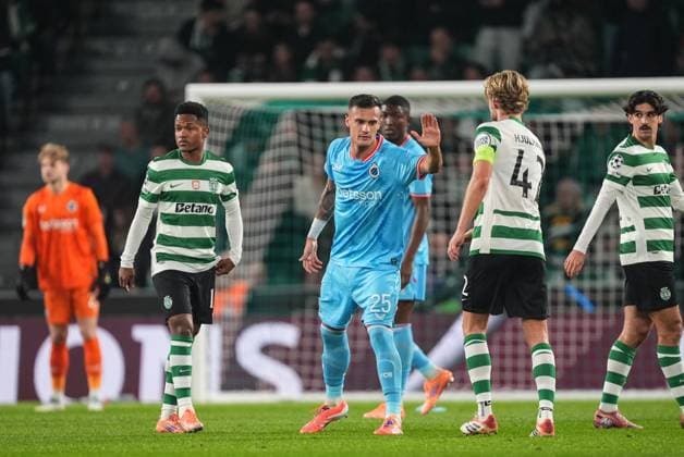 Club s Aleksandar Stankovic and Sporting s Morten Hjulmand pictured during a soccer game between Portuguese Sporting Clube de Portugal and Belgian Club Brugge KV, on Wednesday 26 November 2025 in Lisboa, Portugal, on day five of the League phase of the UEFA Champions League tournament. JOMAxGARCIAxIxGISBERT  x144490250x