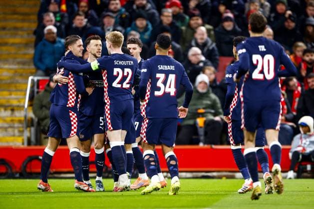 LIVERPOOL - PSV players celebrate Ivan Perisic of PSV Eindhoven s 0-1 goal during the Champions League match between Liverpool FC and PSV Eindhoven at Anfield Stadium on November 26, 2025, in Liverpool, United Kingdom. ANP SEM VAN DER WAL UEFA Champions League Matchday 5 2025-2026 xVIxANPxSportx xxANPxIVx 543149157 originalFilename: 543149157.jpg
