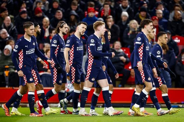 LIVERPOOL - PSV players celebrate Ivan Perisic of PSV Eindhoven s 0-1 goal during the Champions League match between Liverpool FC and PSV Eindhoven at Anfield Stadium on November 26, 2025, in Liverpool, United Kingdom. ANP SEM VAN DER WAL UEFA Champions League Matchday 5 2025-2026 xVIxANPxSportx xxANPxIVx 543149169 originalFilename: 543149169.jpg