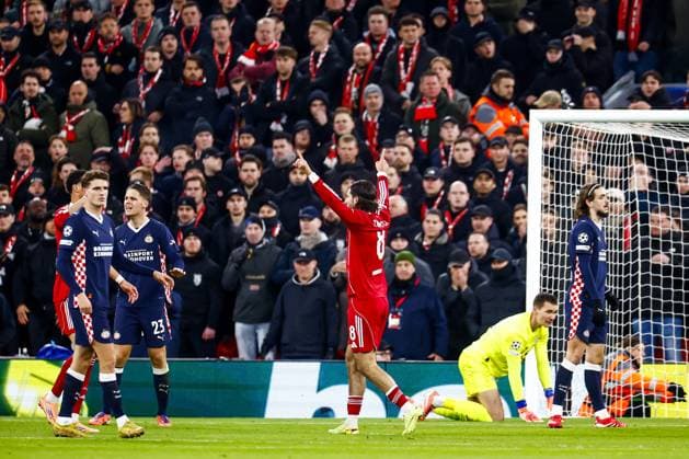 LIVERPOOL - Dominik Szoboszlai of Liverpool FC celebrates the 1-1 draw during the Champions League match between Liverpool FC and PSV Eindhoven at Anfield Stadium on November 26, 2025, in Liverpool, United Kingdom. ANP SEM VAN DER WAL UEFA Champions League Matchday 5 2025-2026 xVIxANPxSportx xxANPxIVx 543149659 originalFilename: 543149659.jpg