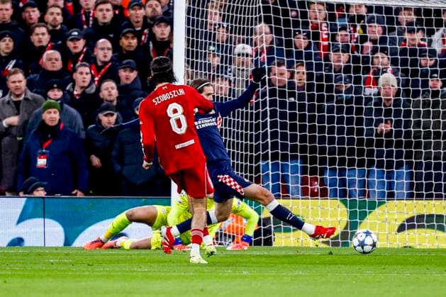 Dominik Szoboszlai of Liverpool FC shoots on goal and scores the 1-1 Liverpool FC v PSV Eindhoven, UEFA Champions League 2025 26 League Phase MD5, Liverpool FC v PSV Eindhoven, Anfield, November 26, 2025, Liverpool, United Kingdom.