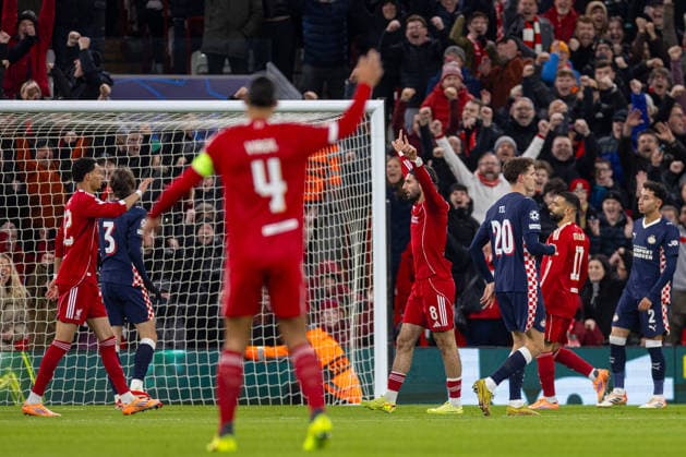 Football - UEFA Champions League - League Phase - Liverpool FC v PSV Eindhoven LIVERPOOL, ENGLAND - Wednesday, November 26, 2025: Liverpool s Dominik Szoboszlai celebrates after scoring his side first and equalising goal during the UEFA Champions League match between Liverpool FC and PSV Eindhoven at Anfield. (Photo by David Rawcliffe Propaganda) LIVERPOOL Anfield MERSEYSIDE ENGLAND  Copyright: xDavidxRawcliffex P2025-11-26-Liverpool_PSV-14