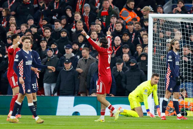 Liverpool, England, 26th November 2025. Dominik Szoboszlai of Liverpool celebrates after scoring to make it 1-1 during the Liverpool vs PSV Eindhoven UEFA Champions League match at Anfield, Liverpool. Picture credit should read: James Baylis Sportimage EDITORIAL USE ONLY. No use with unauthorised audio, video, data, fixture lists, club league logos or live services. Online in-match use limited to 120 images, no video emulation. No use in betting, games or single club league player publications. SPI_033_JB_Liverpool_PSV SPI-4311-0033