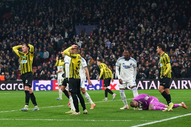 Yegor Sorokin and of Jug Stanojev FC Kairat reacts while to a missed goal while Dominik Kotarski of FC Copenhagen holds on to the ball during the Champions League match between FC Copenhagen and FC Kairat at Parken on November 26, 2025 in Copenhagen, Denmark (Photo by Camilla Stolen Imago) Copenhagen Denmark Copyright: xCamillaxStolenx L1094280