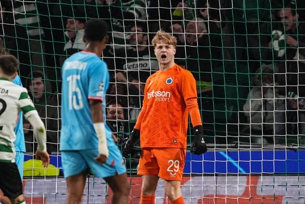 Club s goalkeeper Nordin Jackers reacts during a soccer game between Portuguese Sporting Clube de Portugal and Belgian Club Brugge KV, on Wednesday 26 November 2025 in Lisboa, Portugal, on day five of the League phase of the UEFA Champions League tournament. JOMAxGARCIAxIxGISBERT  x144492701x