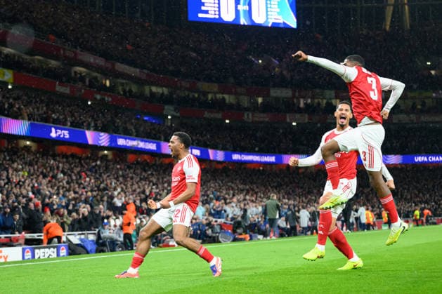 Arsenal v Bayern Munich Champions League 26 11 2025. **GOAL** Arsenal defender Jurrien Timber (12) GOAL scores 1-0 and celebrates during the Champions League match between Arsenal and Bayern Munich at the Emirates Stadium, London, England on 26 November 2025. London Emirates Stadium Greater London England Editorial use only , Copyright: xSimonxTraylenx PSI-23273-0018