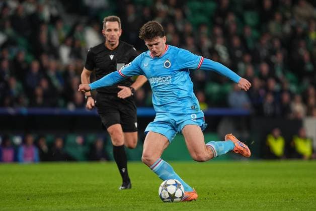 Club s Christos Tzolis pictured in action during a soccer game between Portuguese Sporting Clube de Portugal and Belgian Club Brugge KV, on Wednesday 26 November 2025 in Lisboa, Portugal, on day five of the League phase of the UEFA Champions League tournament. JOMAxGARCIAxIxGISBERT  x144496361x