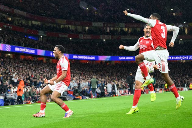 Arsenal v Bayern Munich Champions League 26 11 2025. **GOAL** Arsenal defender Jurrien Timber (12) GOAL scores 1-0 and celebrates during the Champions League match between Arsenal and Bayern Munich at the Emirates Stadium, London, England on 26 November 2025. London Emirates Stadium Greater London England Editorial use only , Copyright: xSimonxTraylenx PSI-23273-0019